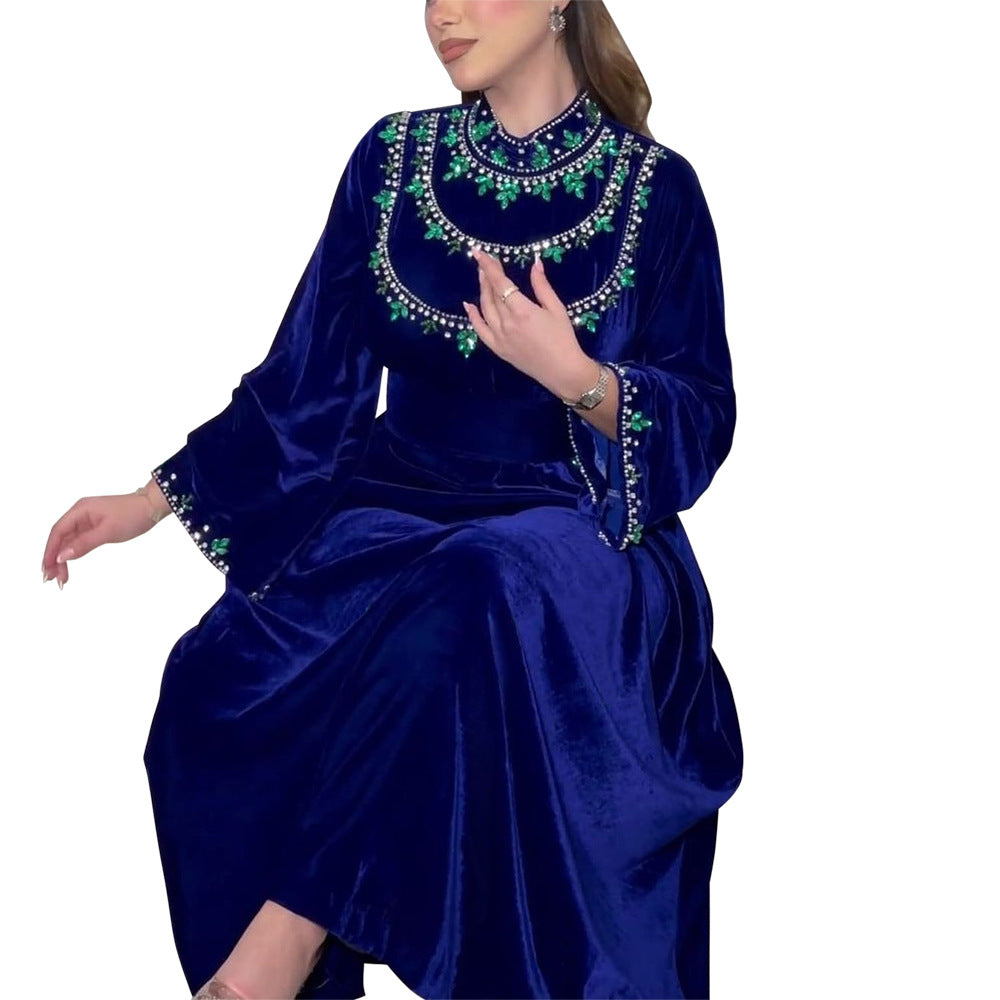 Velvet Zipper Green Drop-shaped Diamond Middle East Dress