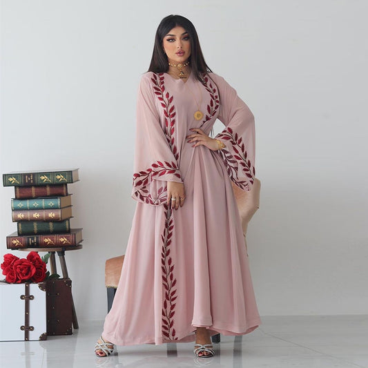 Chiffon Long Embroidered Crew Neck Dress With Headscarf
