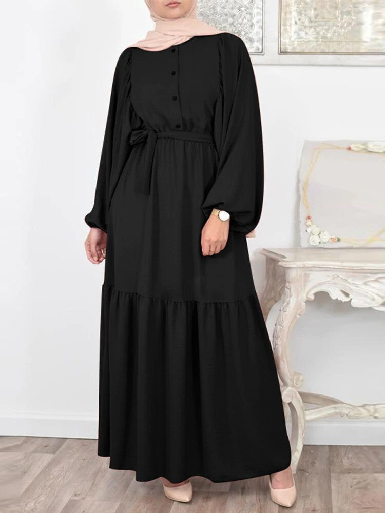 Solid Color Puff Sleeve O-neck long Dress With Belt