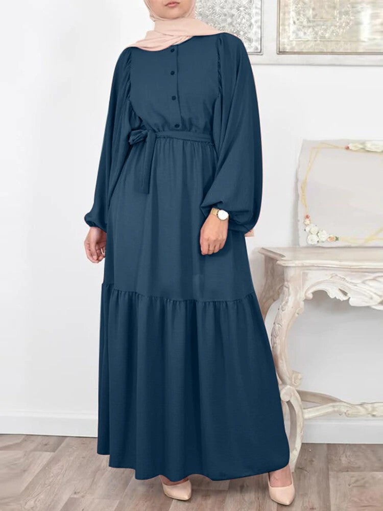 Solid Color Puff Sleeve O-neck long Dress With Belt
