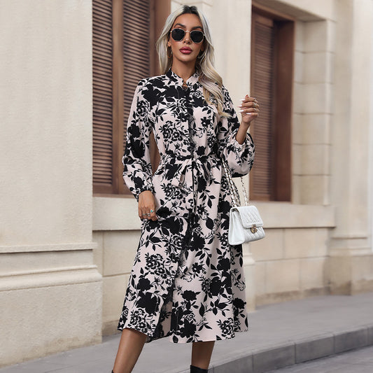 Women's Clothing Printed Stand Collar Long Sleeve Dress