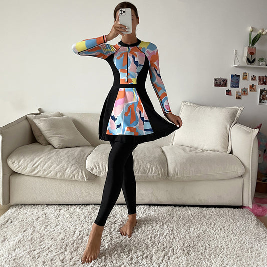 Printed Conservative Fully Enclosed Swimsuit Three-piece Suit