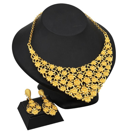 24K Gold Plated Dubai Bridal Necklace Two-piece Earrings Set Pack