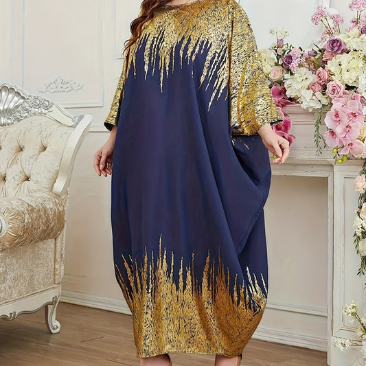 Middle East Print Color Contrast Patchwork Bat Sleeve Width Loose Summer Long Sleeve Dress