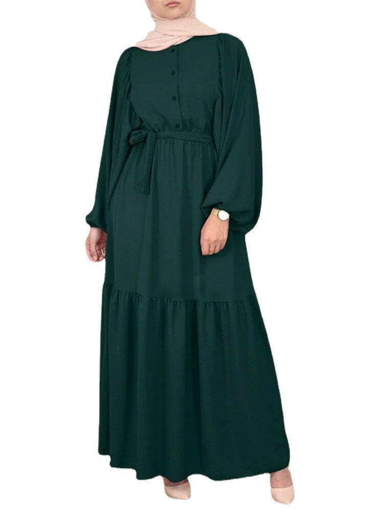 Solid Color Puff Sleeve O-neck long Dress With Belt
