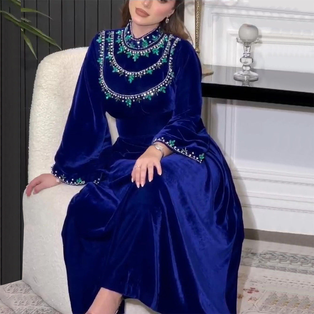Velvet Zipper Green Drop-shaped Diamond Middle East Dress