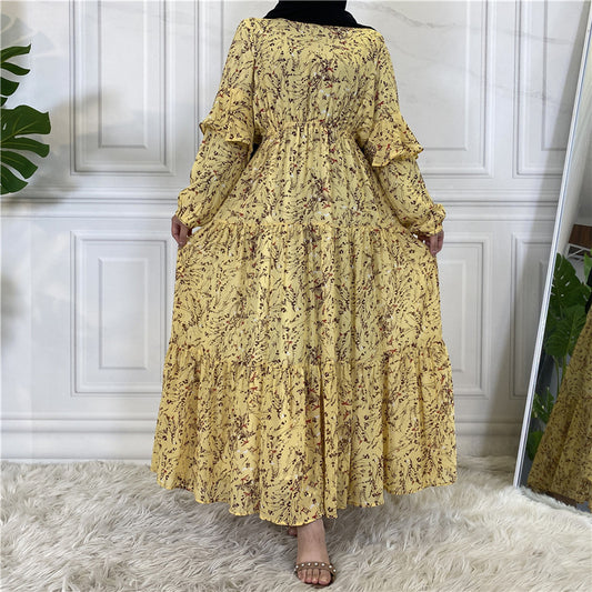 Muslim Long Sleeve Lined Chiffon Printed Lace-up Female Dress Large Swing Dress
