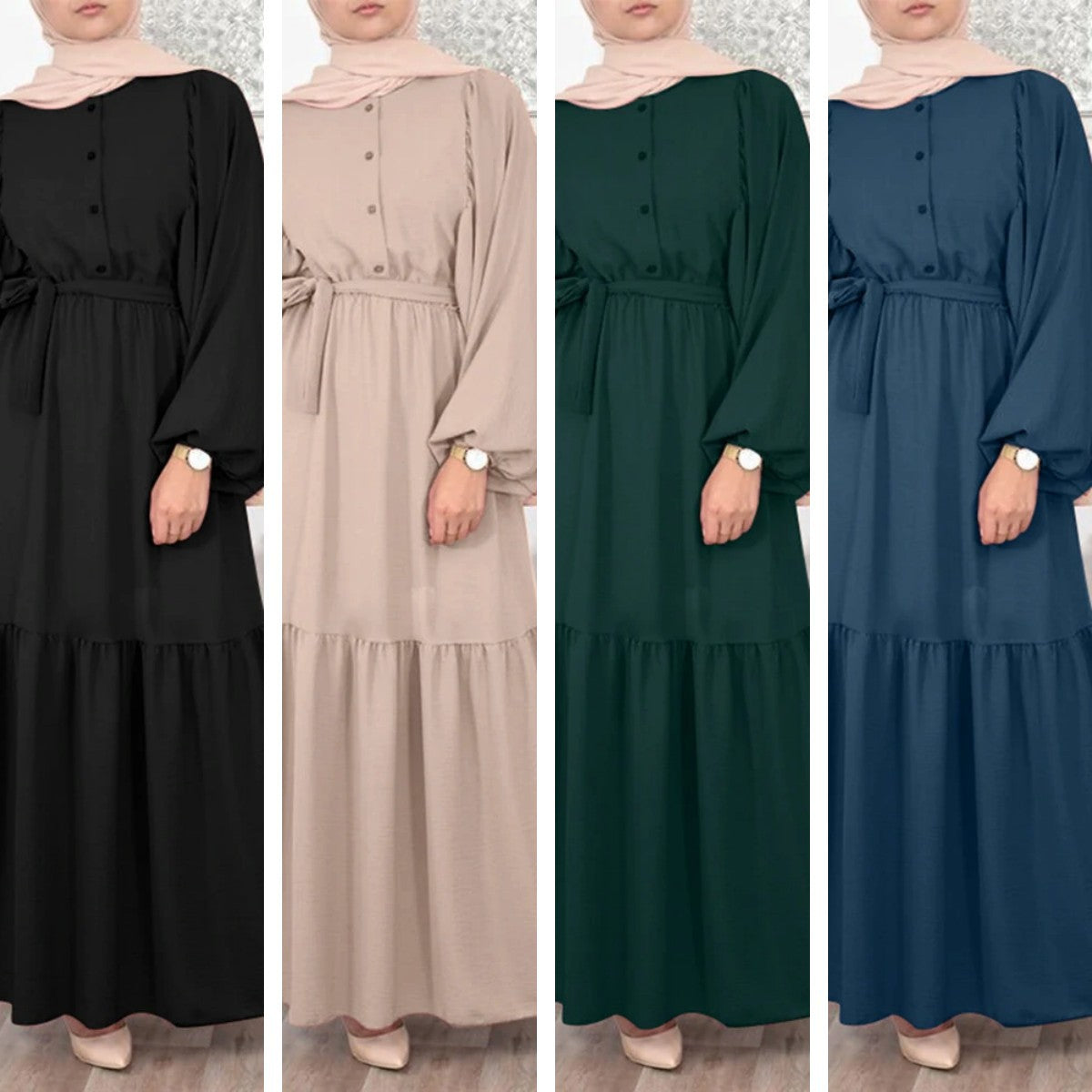 Solid Color Puff Sleeve O-neck long Dress With Belt