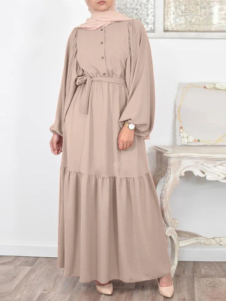 Solid Color Puff Sleeve O-neck long Dress With Belt