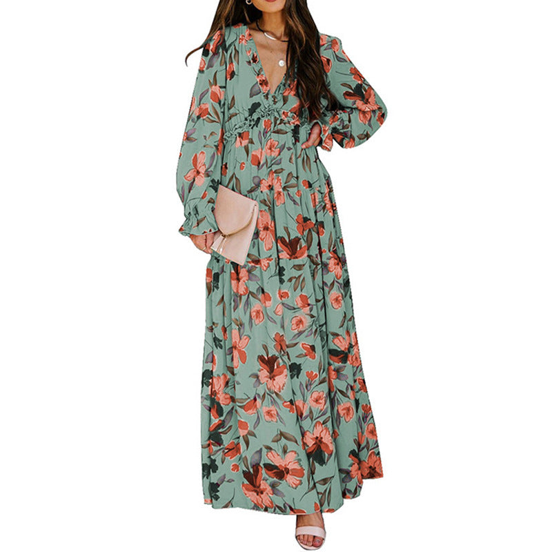 Printed Long Sleeve Dress Women's V-neck Loose