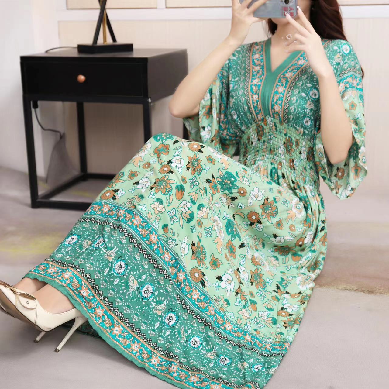 Cotton Silk Floral Dress Women's Summer Ethnic Style V-neck Short Sleeve Pastoral Style Skirt