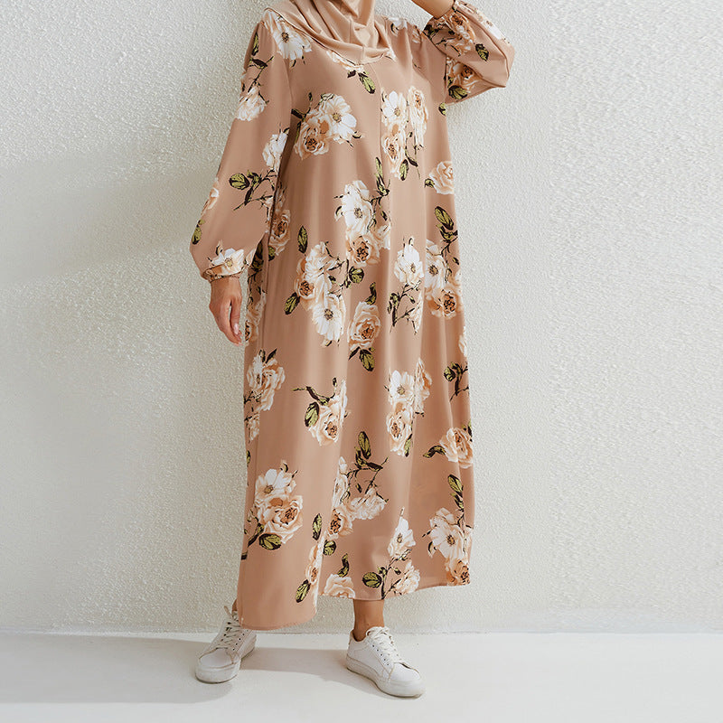 Women's Floral Round Neck Pullover Loose Fashion Robe Skirt