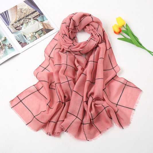 Checked Striped Cotton Linen Scarf