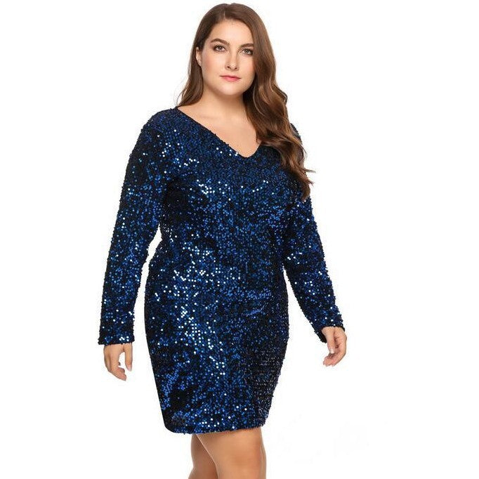 Plus size women's V-neck long-sleeved sequined hip dress