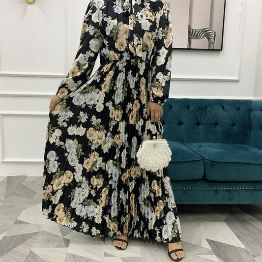 Long Dress With Printed Pleated Big Skirt