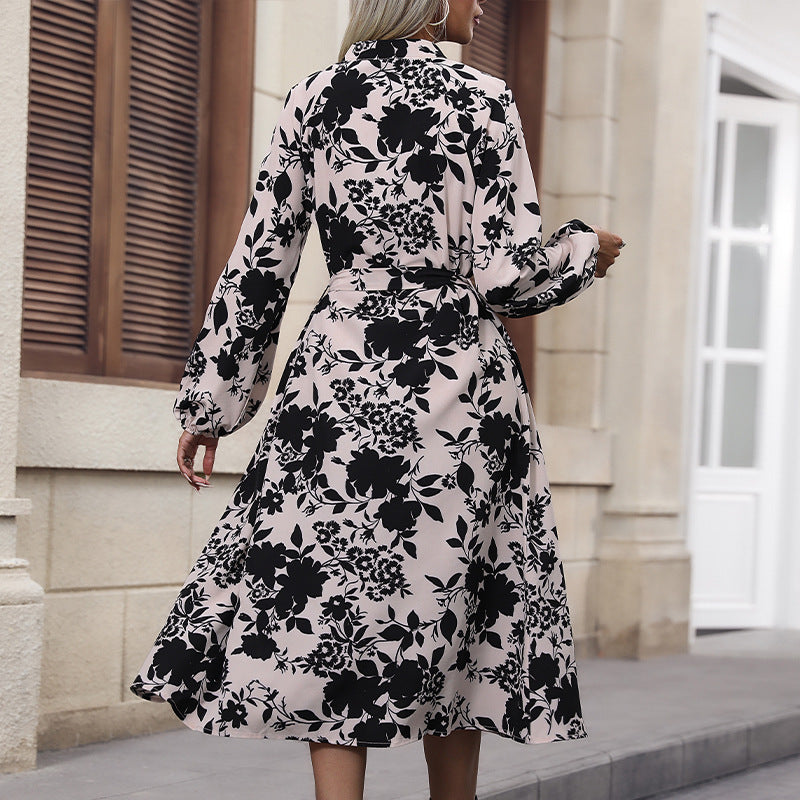 Women's Clothing Printed Stand Collar Long Sleeve Dress