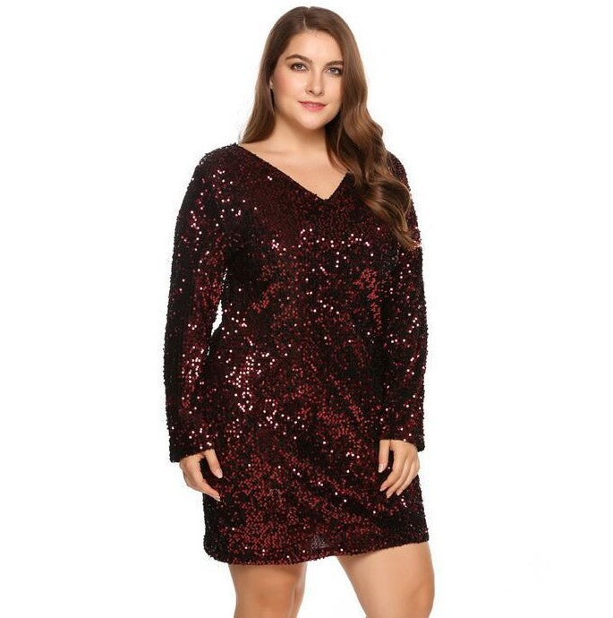 Plus size women's V-neck long-sleeved sequined hip dress