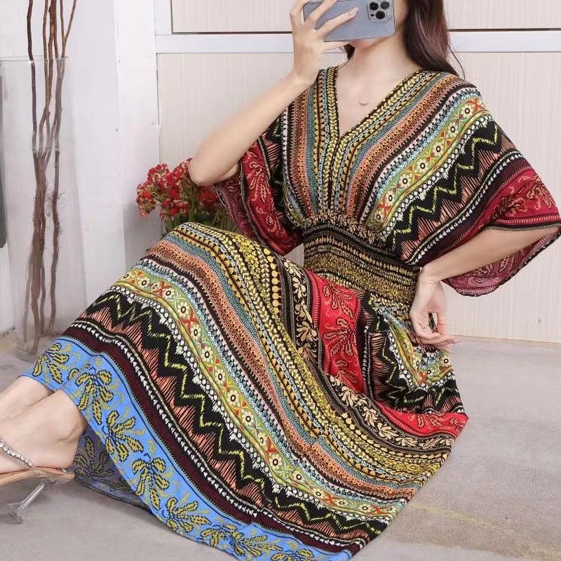 Cotton Silk Floral Dress Women's Summer Ethnic Style V-neck Short Sleeve Pastoral Style Skirt