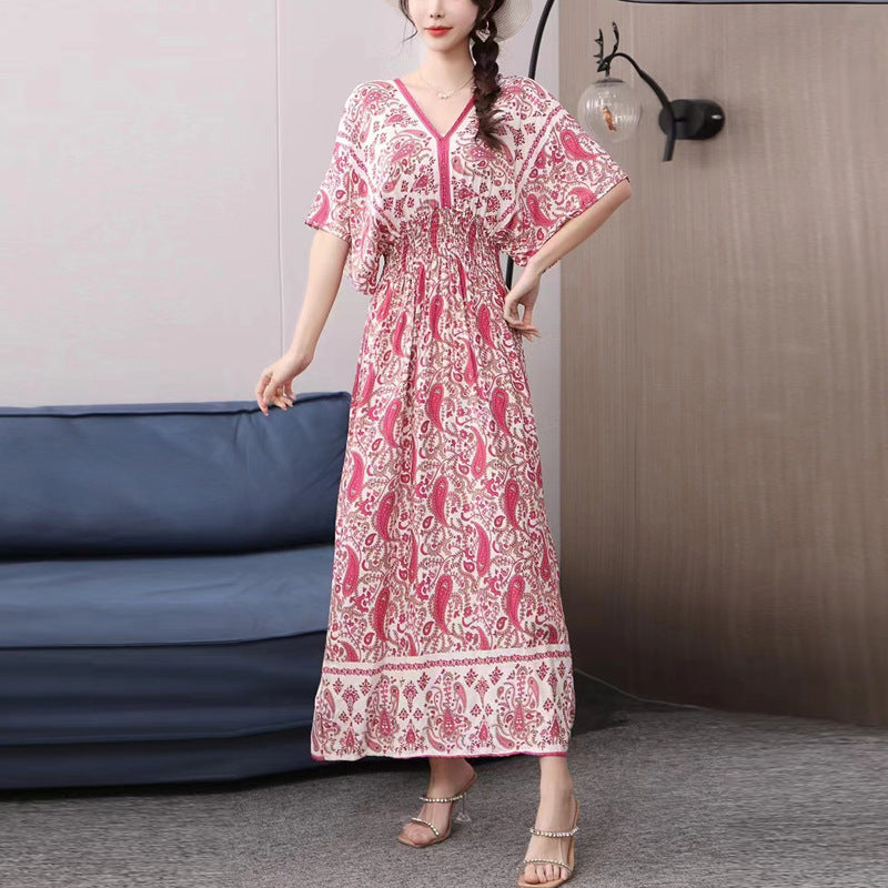 Cotton Silk Floral Dress Women's Summer Ethnic Style V-neck Short Sleeve Pastoral Style Skirt