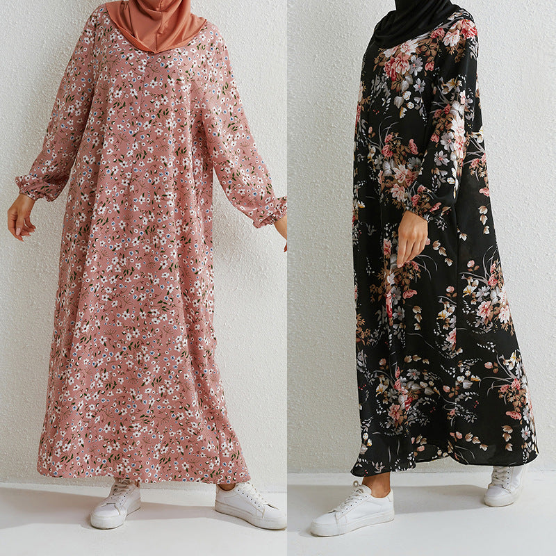 Women's Floral Round Neck Pullover Loose Fashion Robe Skirt