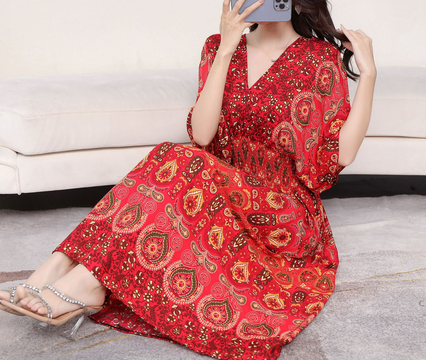 Cotton Silk Floral Dress Women's Summer Ethnic Style V-neck Short Sleeve Pastoral Style Skirt