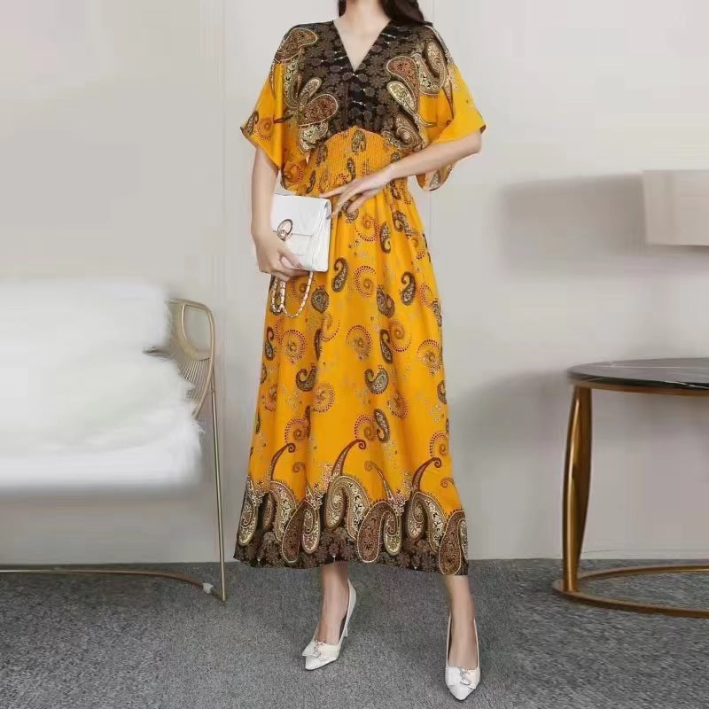 Cotton Silk Floral Dress Women's Summer Ethnic Style V-neck Short Sleeve Pastoral Style Skirt