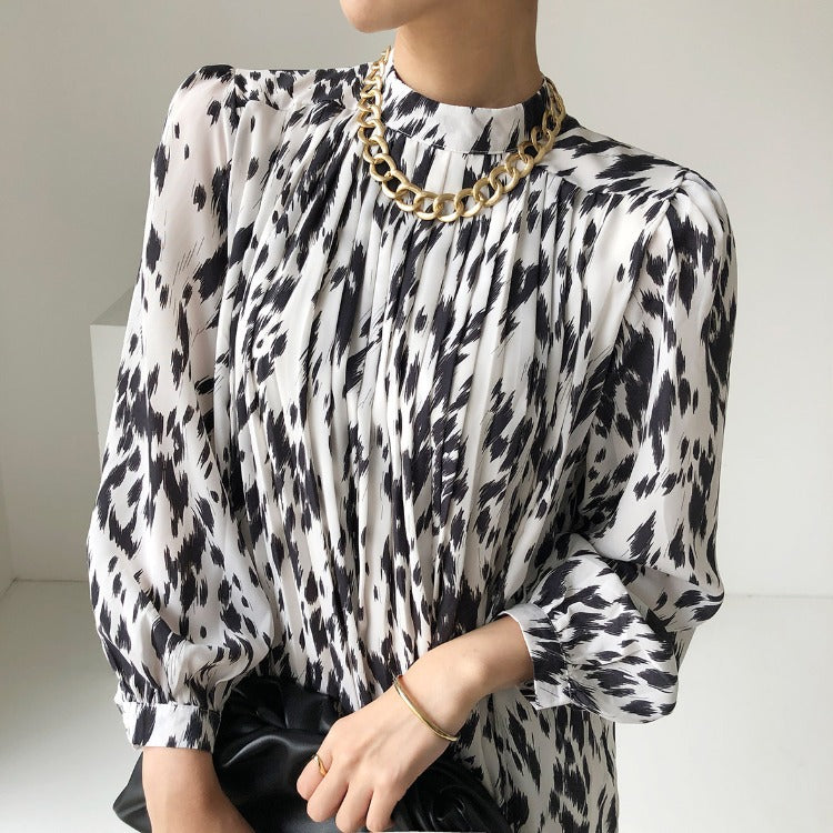 Fashionable Temperament Waist Reducing Age Printing Round Neck Long Sleeve Dress