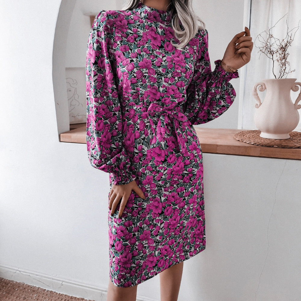 Spring European And American Floral Stand Collar Lantern Long Sleeve Chiffon Dress