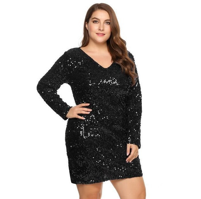 Plus size women's V-neck long-sleeved sequined hip dress