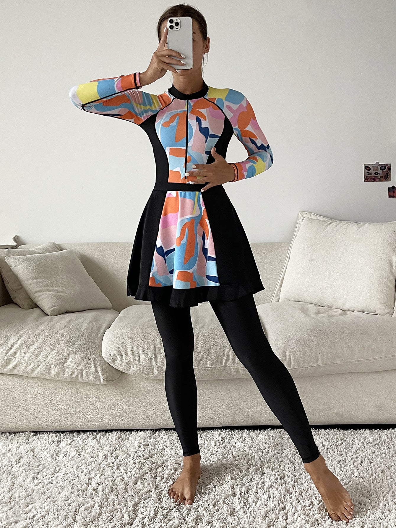 Printed Conservative Fully Enclosed Swimsuit Three-piece Suit