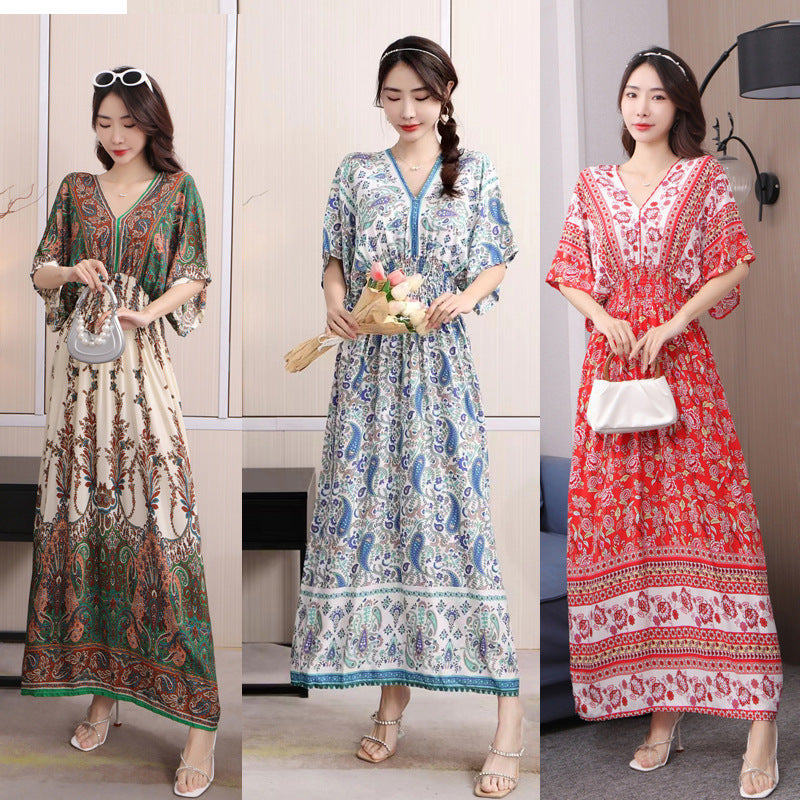 Cotton Silk Floral Dress Women's Summer Ethnic Style V-neck Short Sleeve Pastoral Style Skirt