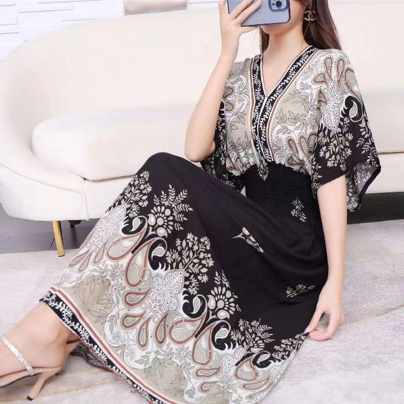 Cotton Silk Floral Dress Women's Summer Ethnic Style V-neck Short Sleeve Pastoral Style Skirt