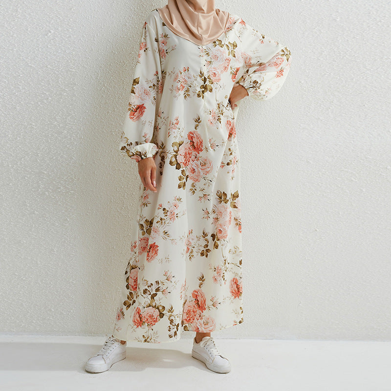 Women's Floral Round Neck Pullover Loose Fashion Robe Skirt