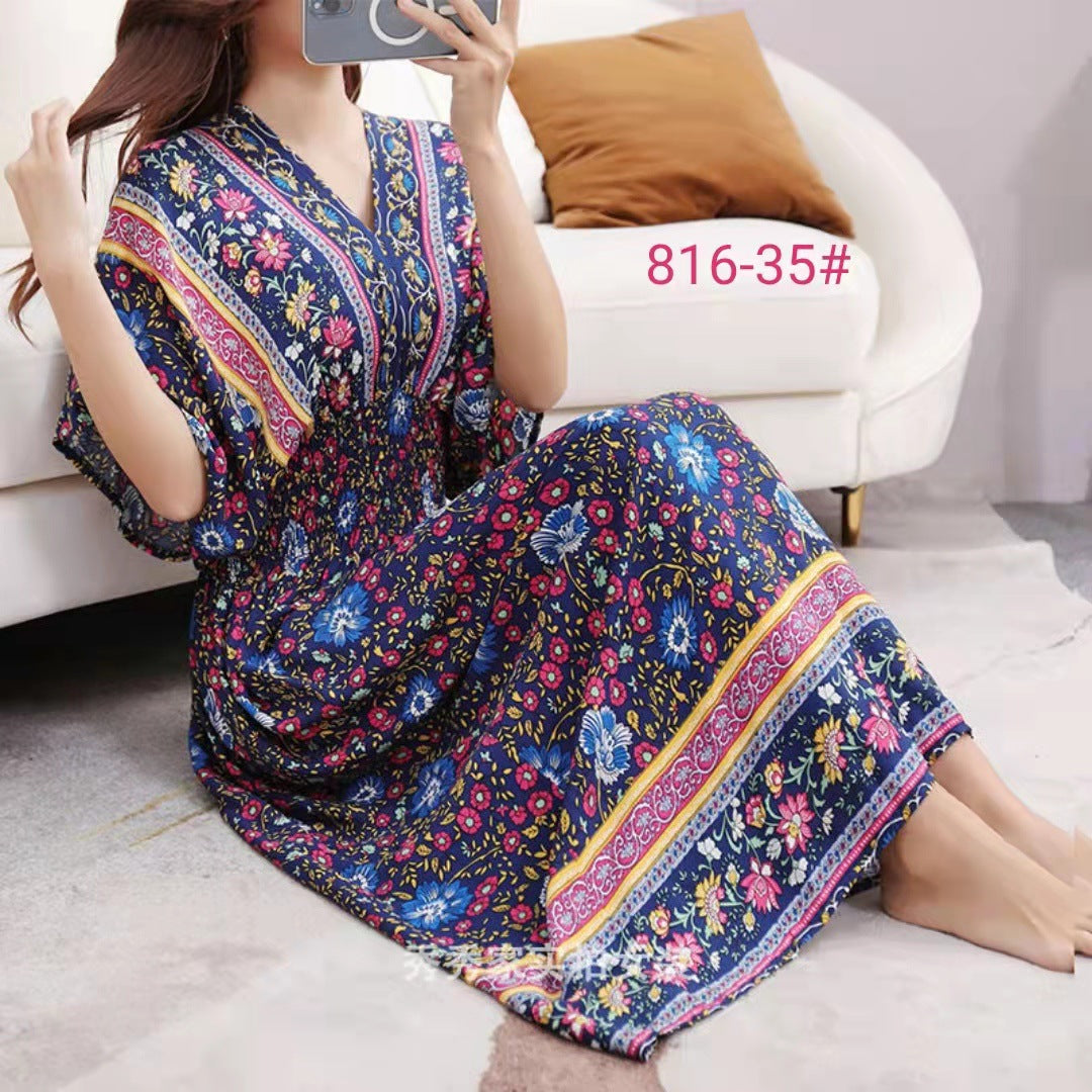 Cotton Silk Floral Dress Women's Summer Ethnic Style V-neck Short Sleeve Pastoral Style Skirt