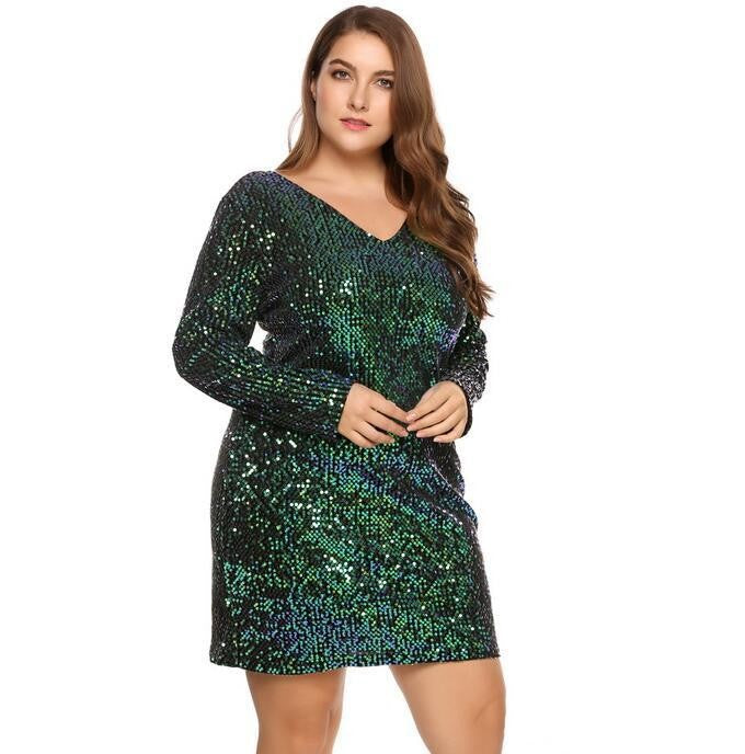 Plus size women's V-neck long-sleeved sequined hip dress