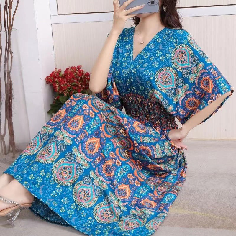 Cotton Silk Floral Dress Women's Summer Ethnic Style V-neck Short Sleeve Pastoral Style Skirt