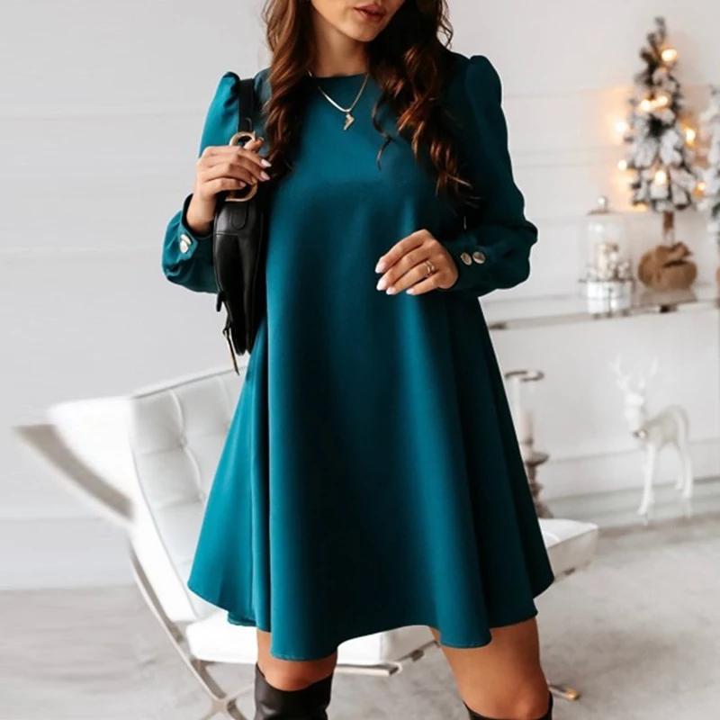 Net Red Long Sleeve Round Neck Metal Button Dress