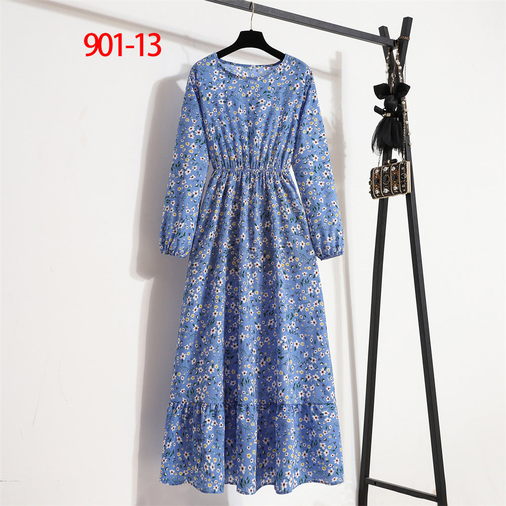 Women's Round Neck Long Sleeve Pullover Floral Dress