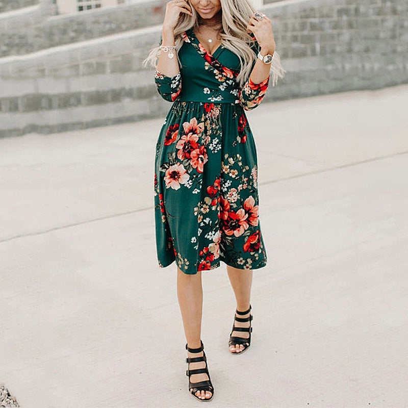 Printed Long Sleeve V-neck Long Sleeve Pocket Dress