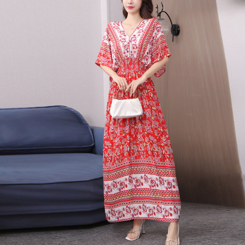 Cotton Silk Floral Dress Women's Summer Ethnic Style V-neck Short Sleeve Pastoral Style Skirt