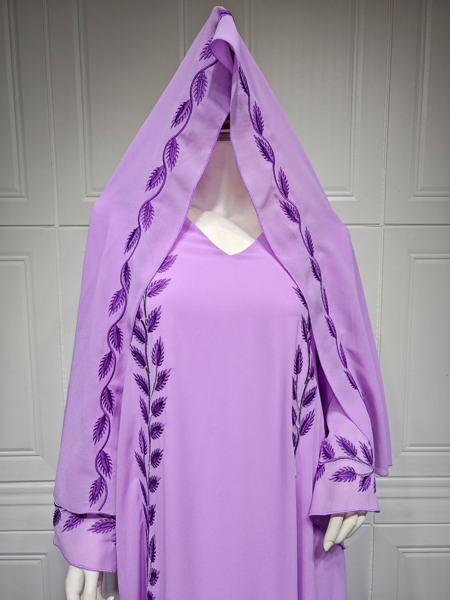 Chiffon Long Embroidered Crew Neck Dress With Headscarf