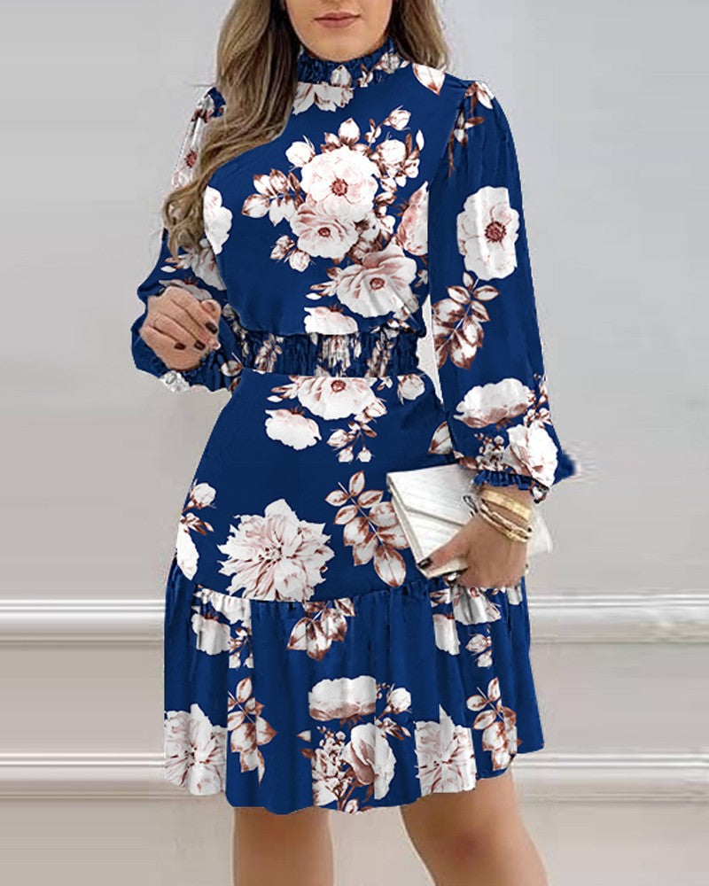 Floral Print Lantern Sleeve Ruffled Ladies Trendy Dress