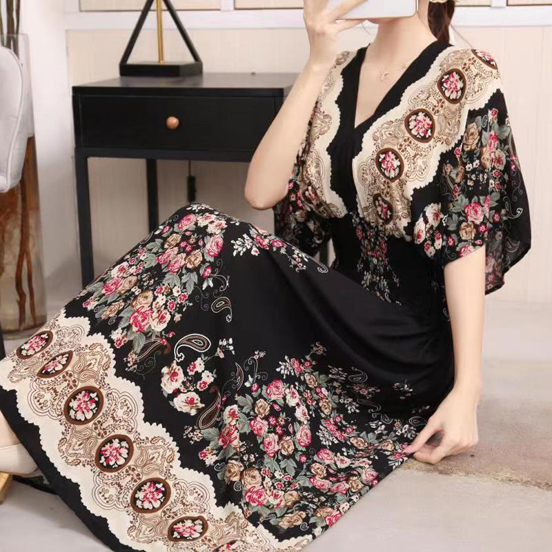 Cotton Silk Floral Dress Women's Summer Ethnic Style V-neck Short Sleeve Pastoral Style Skirt