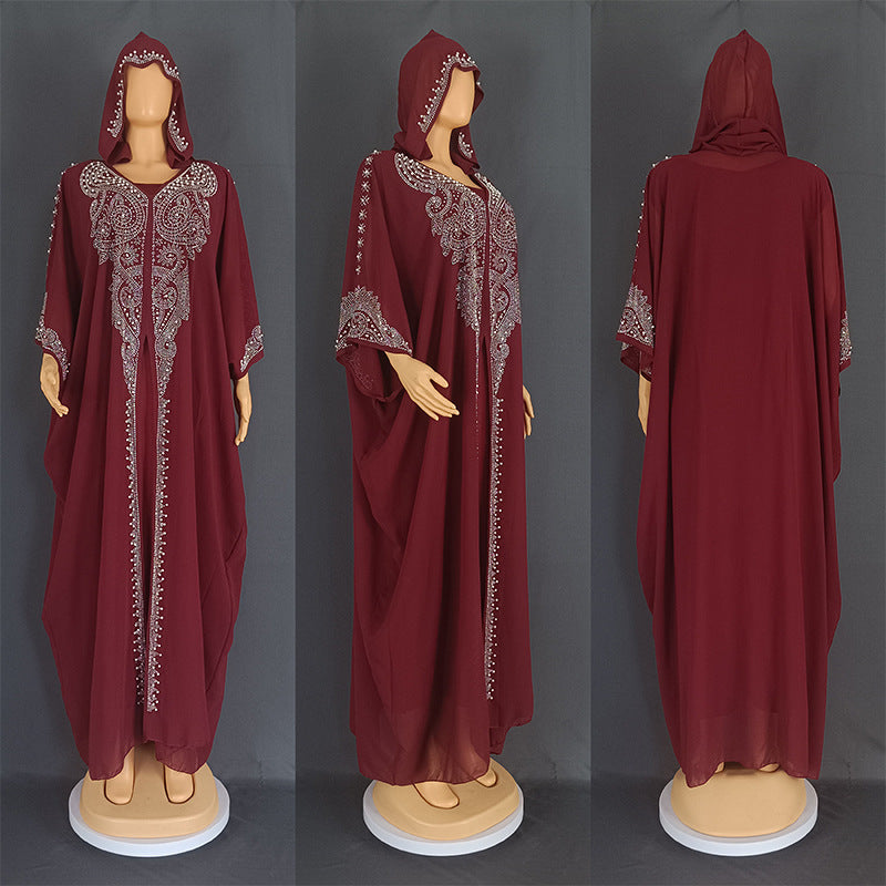 Rhinestone Beaded Muslim Long Gown African Hooded Dress