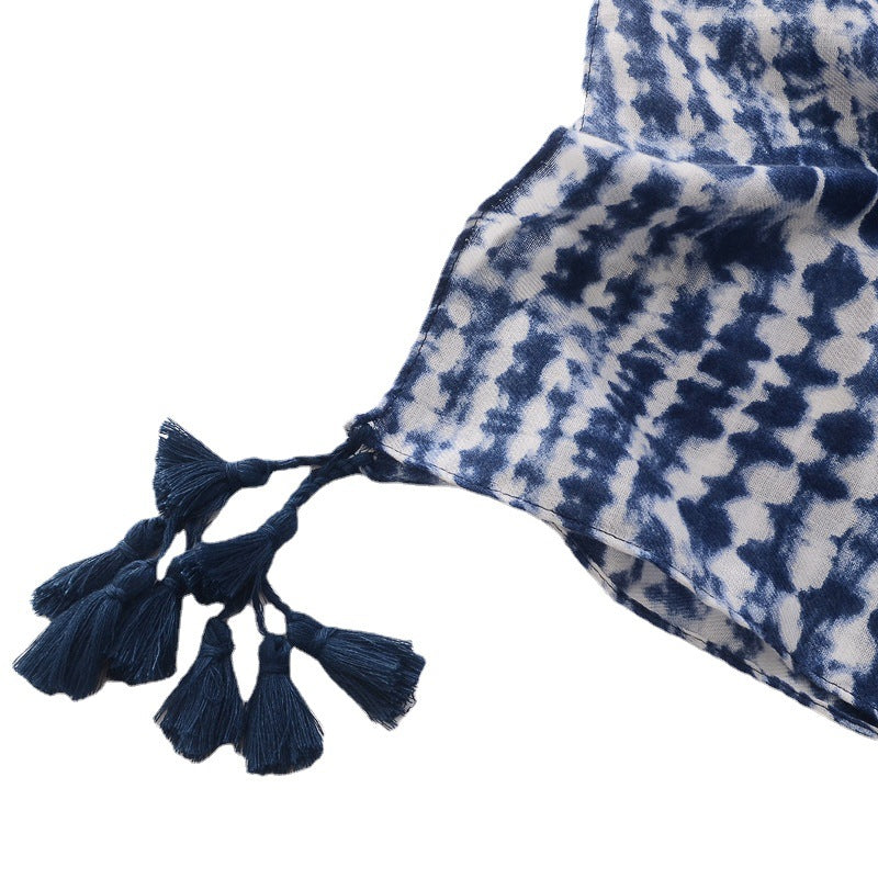 Blue And White Tie-dyed Cotton And Linen Feel Scarf