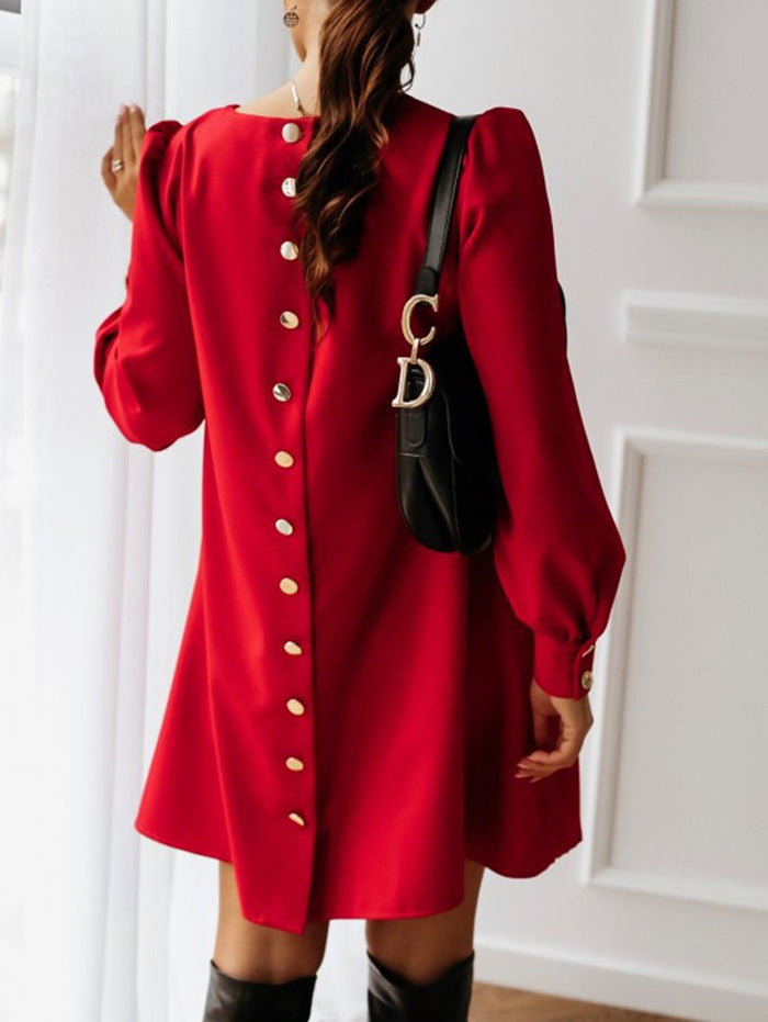 Net Red Long Sleeve Round Neck Metal Button Dress