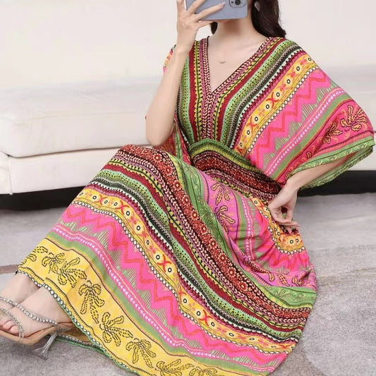 Cotton Silk Floral Dress Women's Summer Ethnic Style V-neck Short Sleeve Pastoral Style Skirt