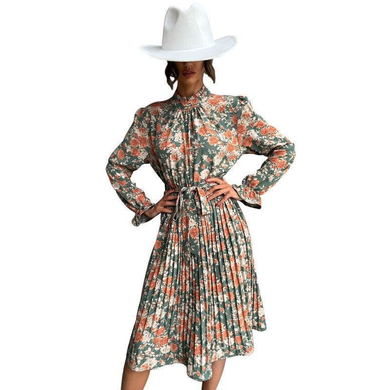 New Women's Long Sleeve Pleated Printed Turtleneck Dress