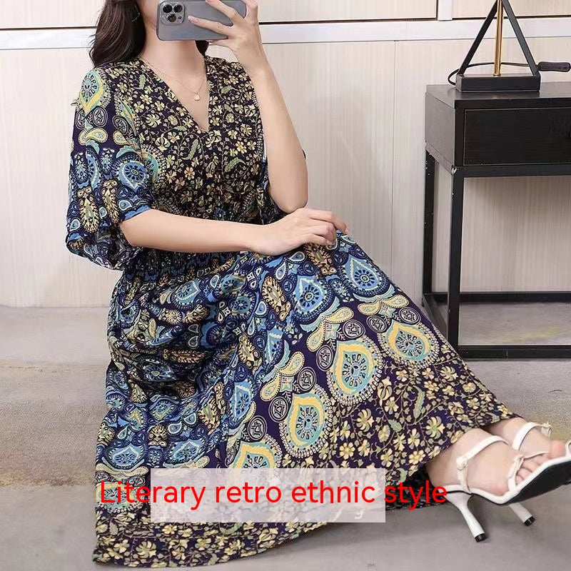 Cotton Silk Floral Dress Women's Summer Ethnic Style V-neck Short Sleeve Pastoral Style Skirt