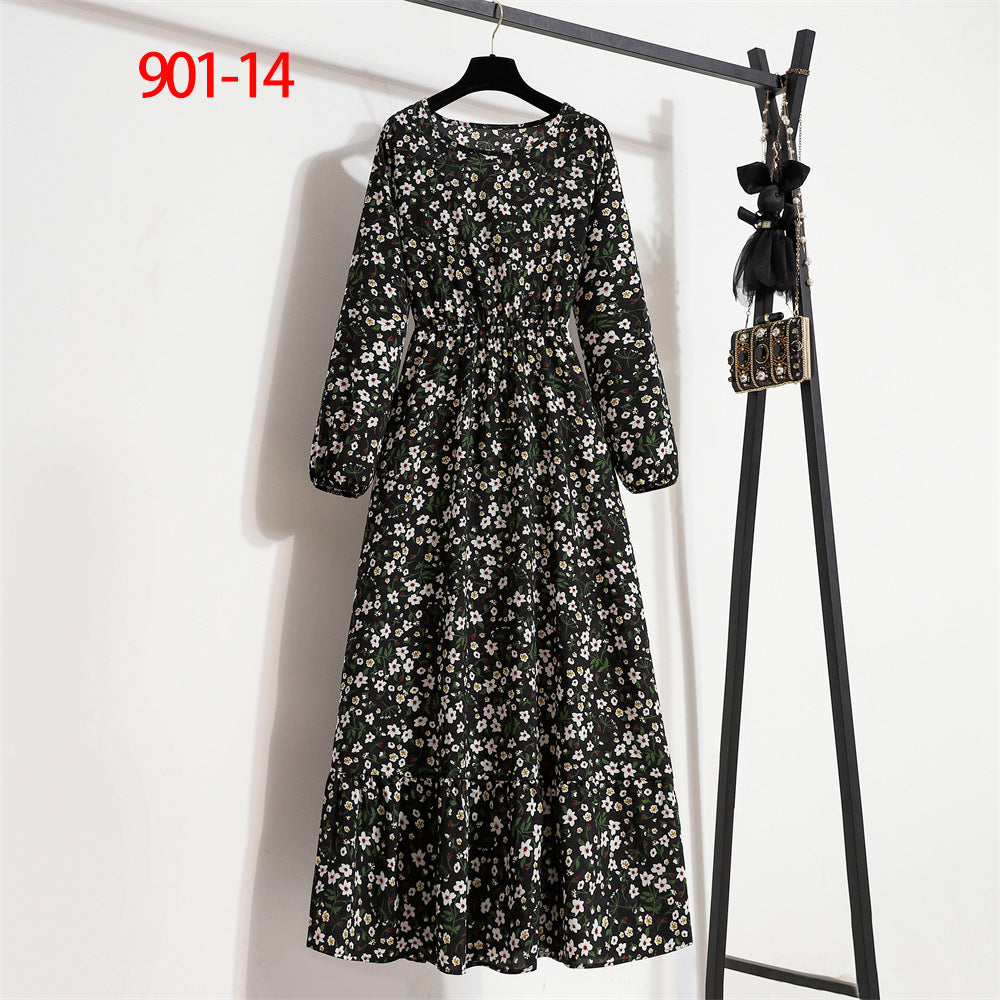 Women's Round Neck Long Sleeve Pullover Floral Dress